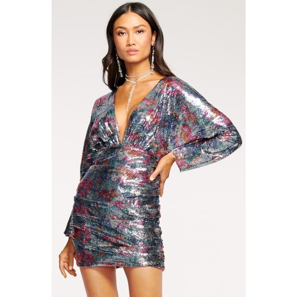 NWT Ramy Brook Auerbach Multicolor All Over Sequin Ruched Mini Dress Sz 10 $795